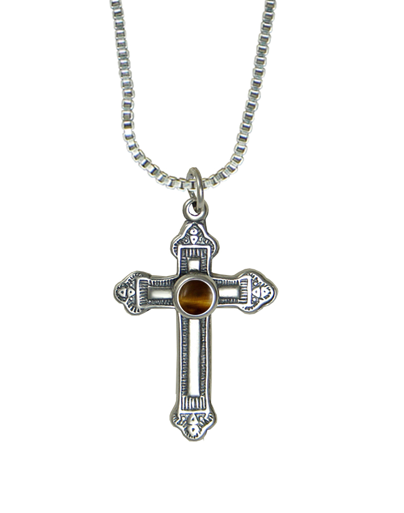 Sterling Silver Small Medieval Cross Pendant With Tiger Eye